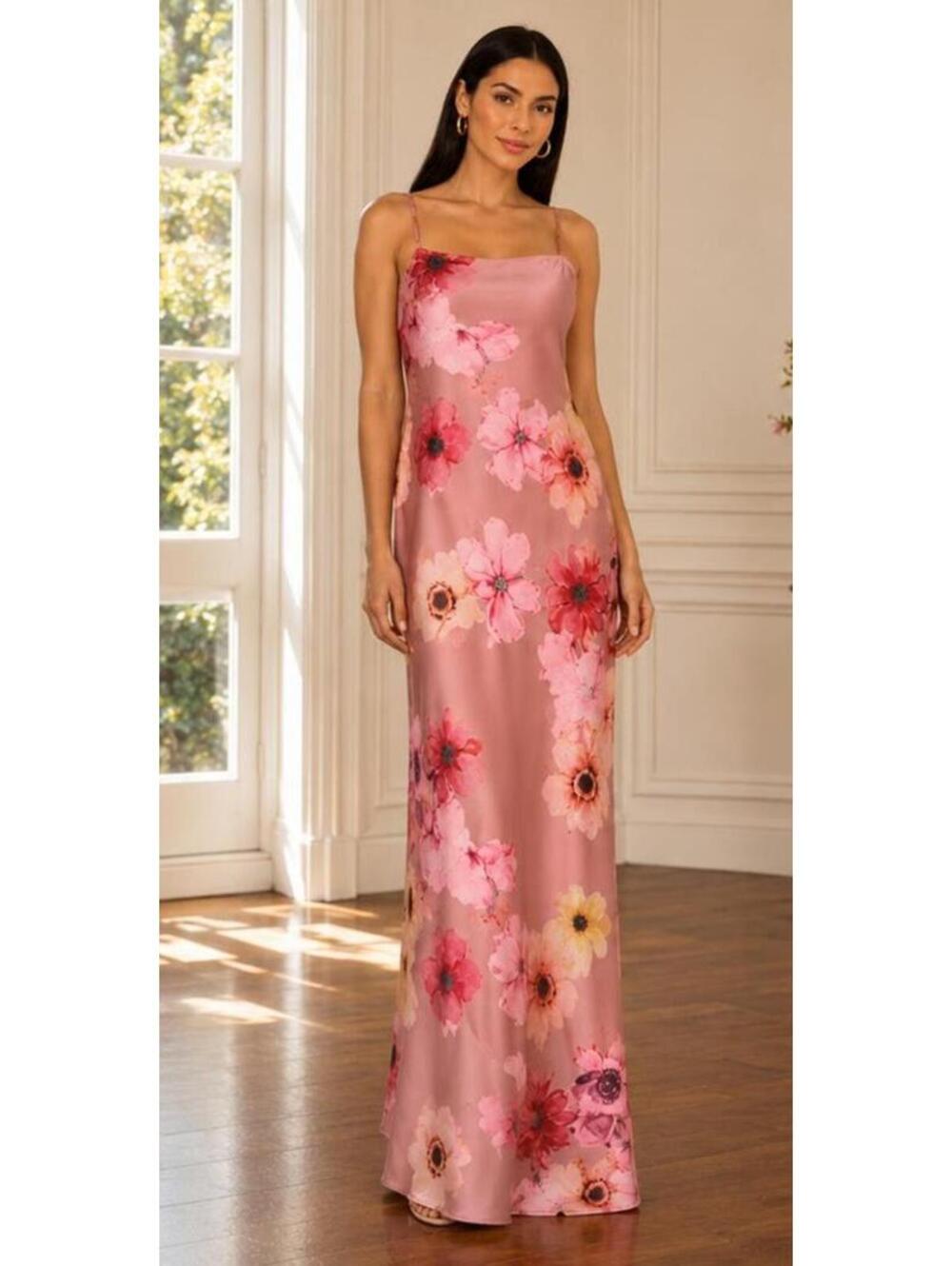 LIV Foster NWT Sz 10 Pink Floral Sateen Maxi Open Back Tie Gown Wedding Guest